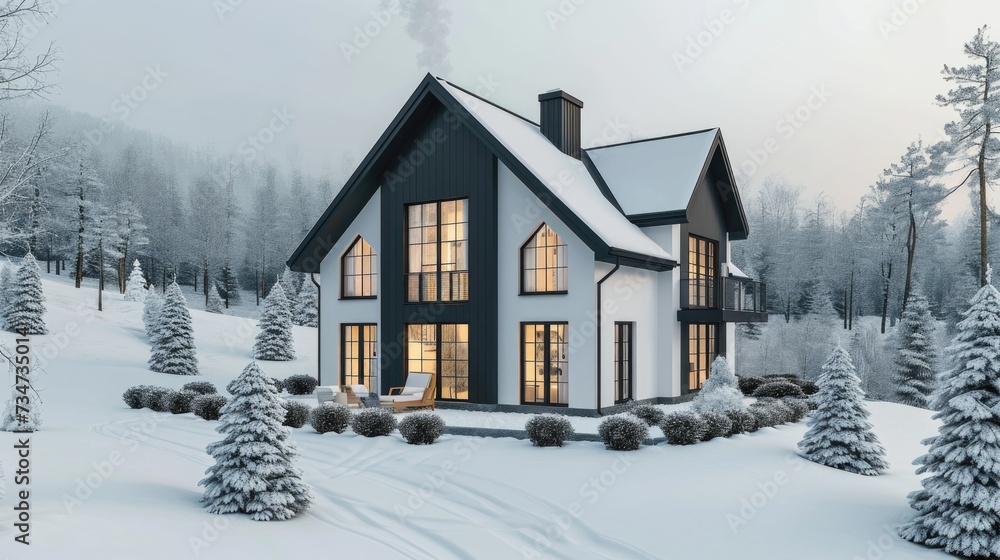 House nestled in snowy forest. Suitable for winter-themed designs and nature concepts House nestled in snowy forest. Suitable for winter-themed designs and nature concepts