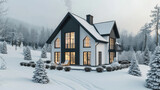 House nestled in snowy forest. Suitable for winter-themed designs and nature concepts