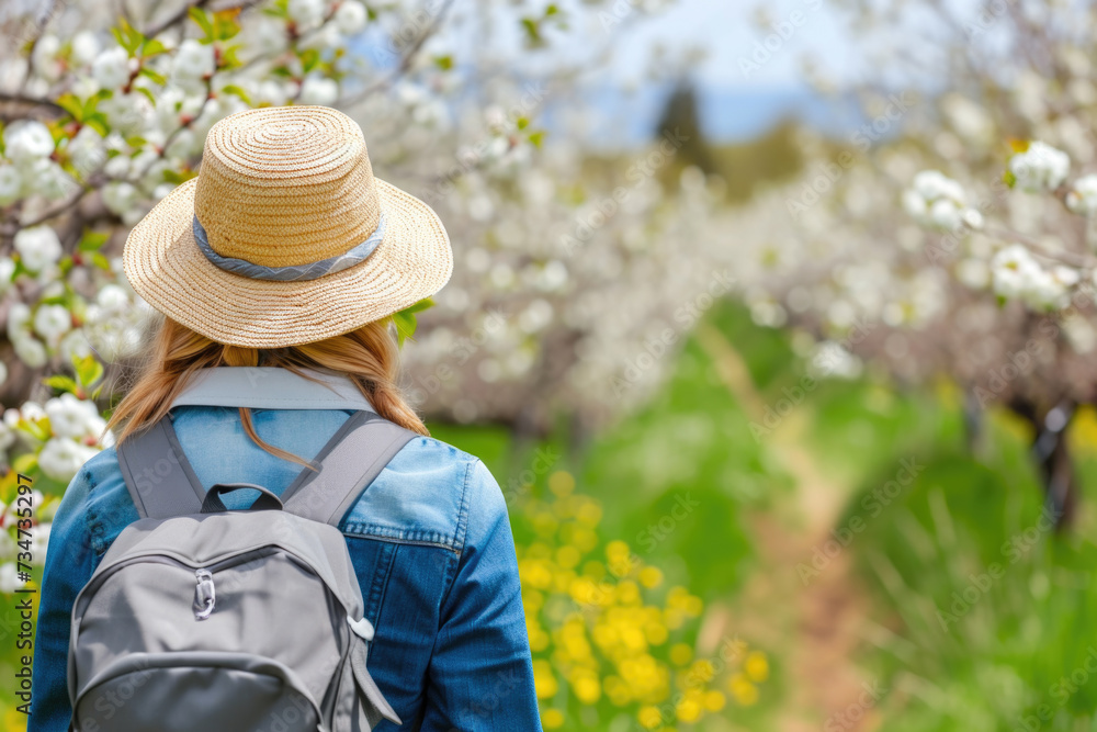 Woman wearing hat and backpack walking through field of flowers. Perfect for nature and outdoor-themed designs