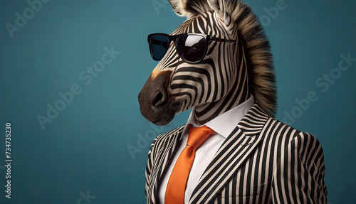 Cool looking zebra wearing funky fashion dress - jacket, tie, sunglasses, plain colour background, stylish animal posing as supermodel