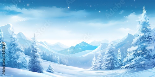 winter background with snow covered pine trees with falling snow, snow covered mountains © candra