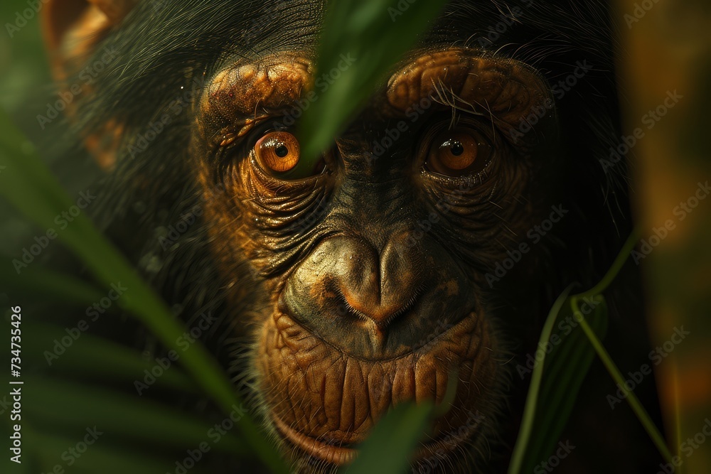 Intense gaze of a chimpanzee among dark green leaves. Intense gaze of a chimpanzee among dark green leaves.