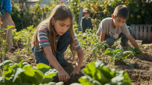 Young smiling girl working at garden and digging out fresh green lettuce, garden expert is teaching group of teenage student.