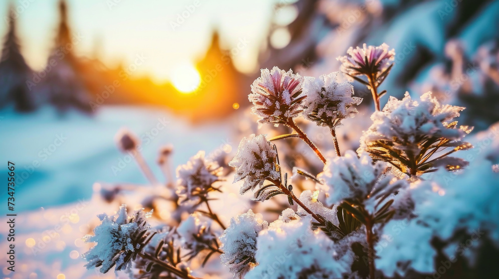 Snow covered plants in picturesque winter landscape. Perfect for winter-themed projects or nature-inspired designs Snow covered plants in picturesque winter landscape. Perfect for winter-themed projects or nature-inspired designs