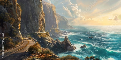 A coastal highway with sheer cliffs on one side and a turquoise ocean on the other, as the sun rises over the water photo