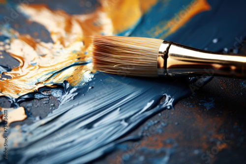 Masterstroke of Creativity: A Brush with Golden Paint on Dark Canvas photo