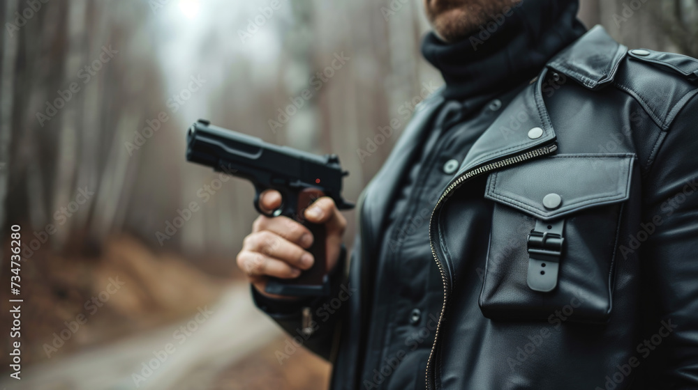 Man wearing leather jacket holds gun. This image can be used to depict crime, danger, or law enforcement Man wearing leather jacket holds gun. This image can be used to depict crime, danger, or law enforcement