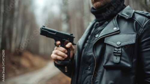 Man wearing leather jacket holds gun. This image can be used to depict crime, danger, or law enforcement