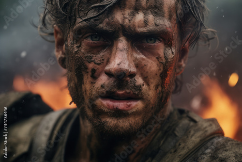 Determined man with face covered in mud against fiery backdrop. Survival and endurance.