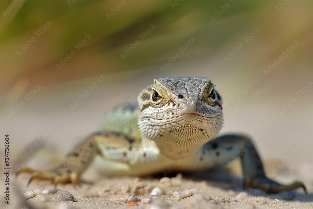Obraz premium Common iguana resting on sandy ground, tropical reptile