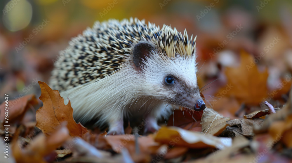 Fototapeta premium Small hedge perched on pile of leaves. Perfect for autumn-themed designs