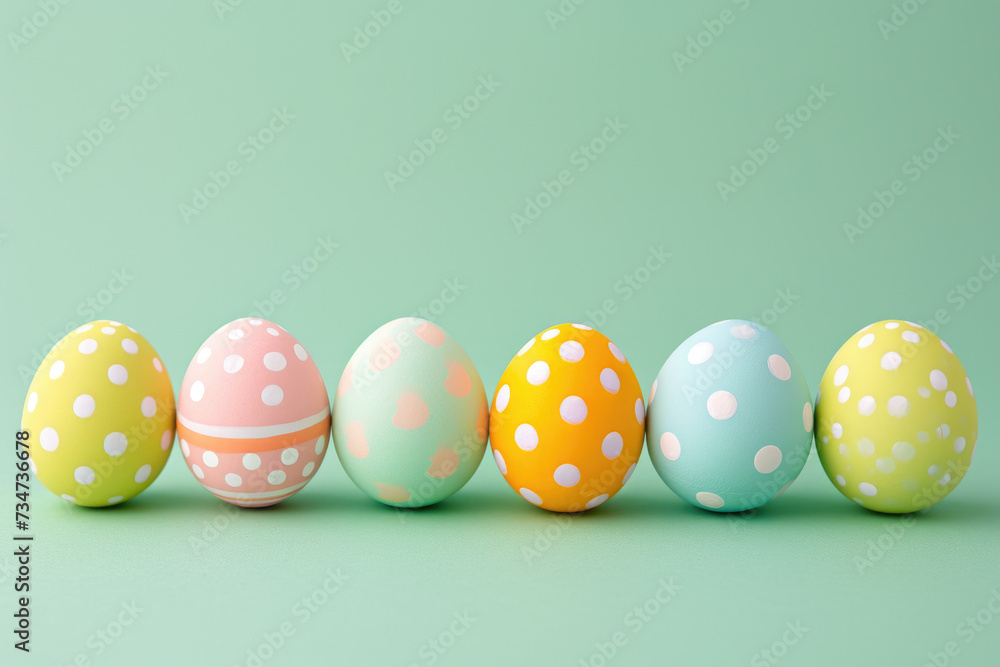 Colorful painted Easter eggs arranged in row on vibrant green surface. Perfect for Easter-themed projects and decorations