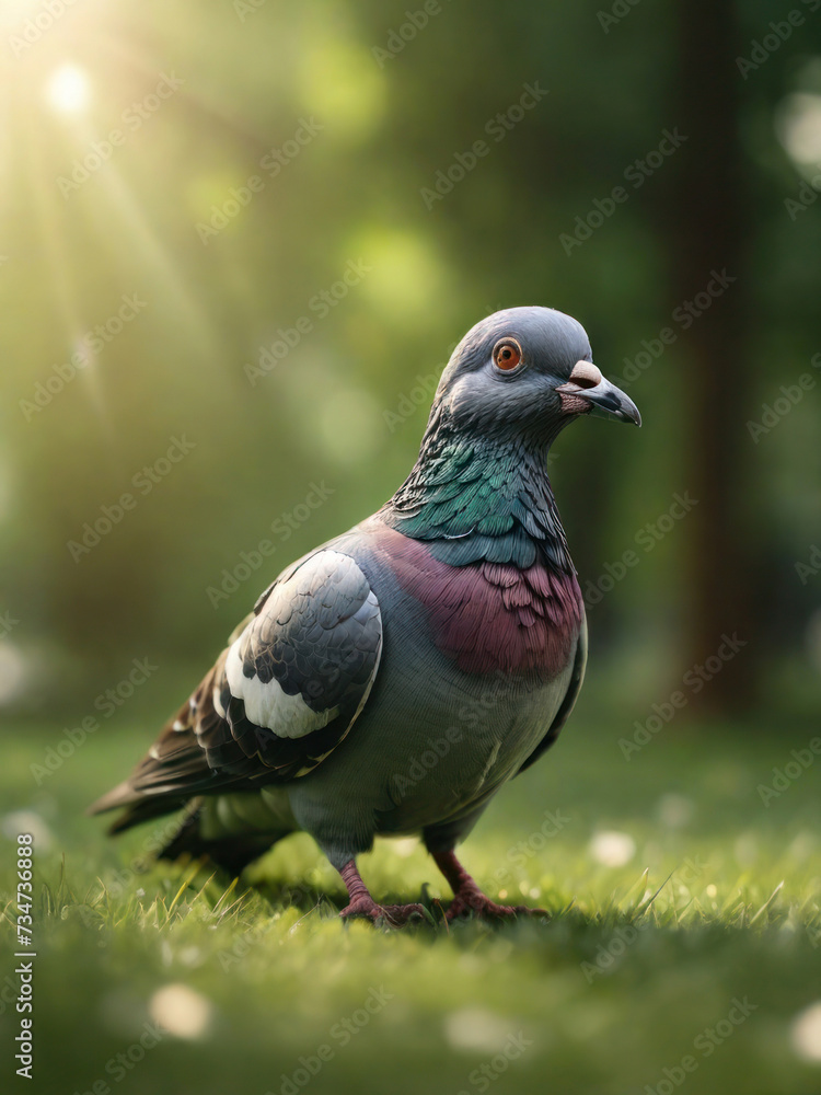 Obraz premium Enchanting Forest Scene: Close-Up of a Pigeon Amidst Verdant Green Grass, Illuminated by Warm Sunlight in 8K Quality, with a Magical Atmosphere and Perfect Composition