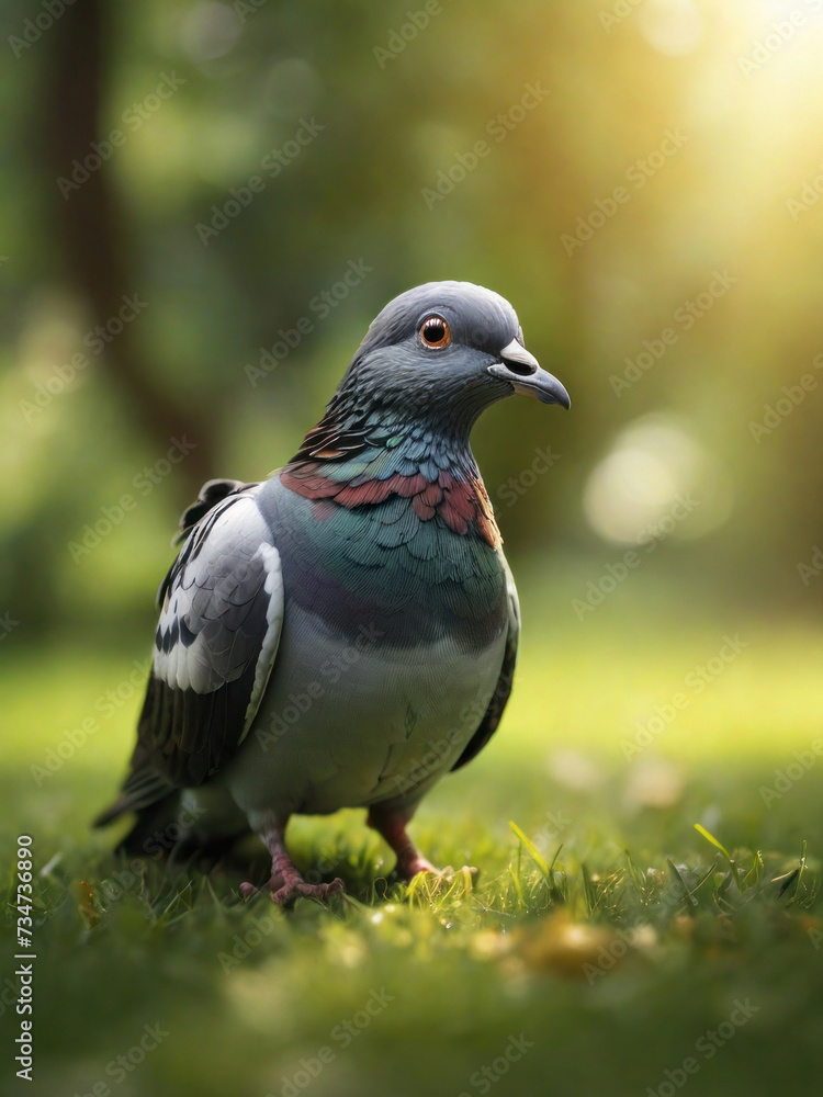 Enchanting Forest Scene: Close-Up of a Pigeon Amidst Verdant Green Grass, Illuminated by Warm Sunlight in 8K Quality, with a Magical Atmosphere and Perfect Composition Enchanting Forest Scene: Close-Up of a Pigeon Amidst Verdant Green Grass, Illuminated by Warm Sunlight in 8K Quality, with a Magical Atmosphere and Perfect Composition