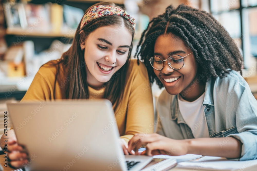 Two young women are sitting together and looking at laptop. This image can be used to represent teamwork, collaboration, or technology usage Two young women are sitting together and looking at laptop. This image can be used to represent teamwork, collaboration, or technology usage