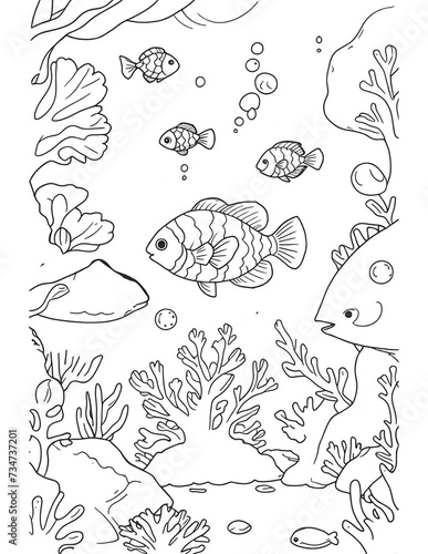 coloring book for children with fish in the sea