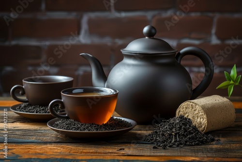 Black tea pot and cups with loose tea leaves on a rustic wooden table.