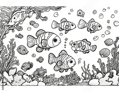 coloring book for children with fish in the sea