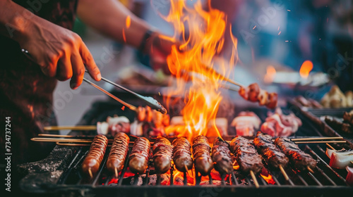 Person is grilling meat on grill using tongs. This image can be used to showcase outdoor cooking and barbecuing.
