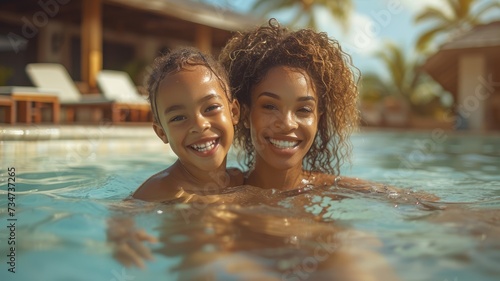 laughing mother and son playing in pool at tropical resort