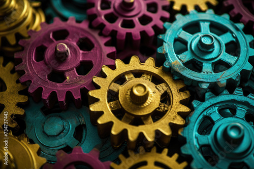 Close up of bunch of colorful gears. This image can be used to represent mechanics, engineering, technology, or teamwork