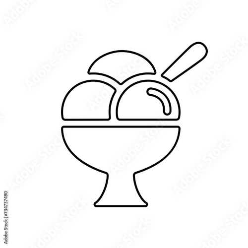 Ice cream cup line icon, black outline on white. Three balls of frozen custard or sorbet in glass with spoon. Vector clipart sign or minimalist logo for web design, illustration of summer street food.