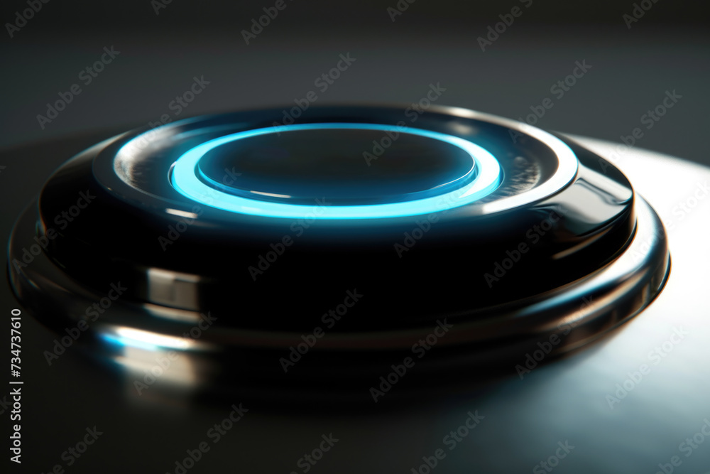 Detailed close-up shot of button placed on table. This image can be used to depict technology, user interface, or interactive concepts Detailed close-up shot of button placed on table. This image can be used to depict technology, user interface, or interactive concepts
