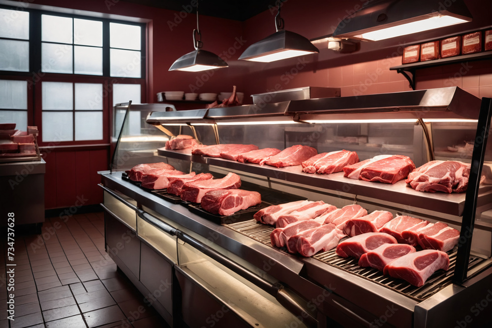 Butcher shop showcase with raw meat