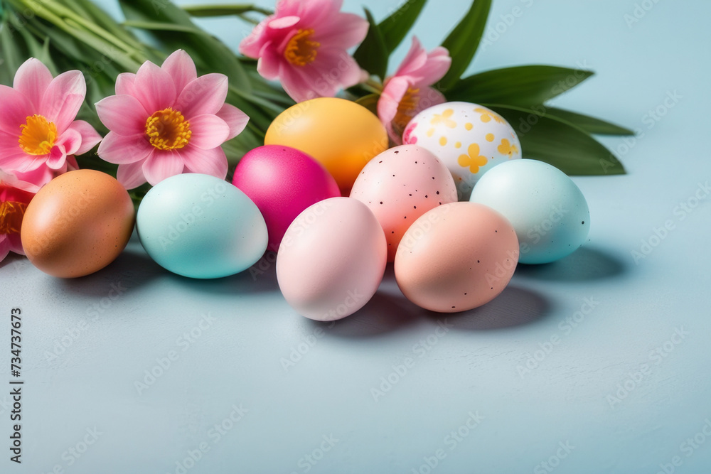 Colorful Easter eggs and blooming pink flowers on light blue background.