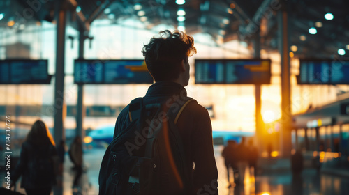 Silhouettes of a young man, filled with excitement, standing against the backdrop of a bustling airport terminal, capturing the anticipation of new adventures. © i mun