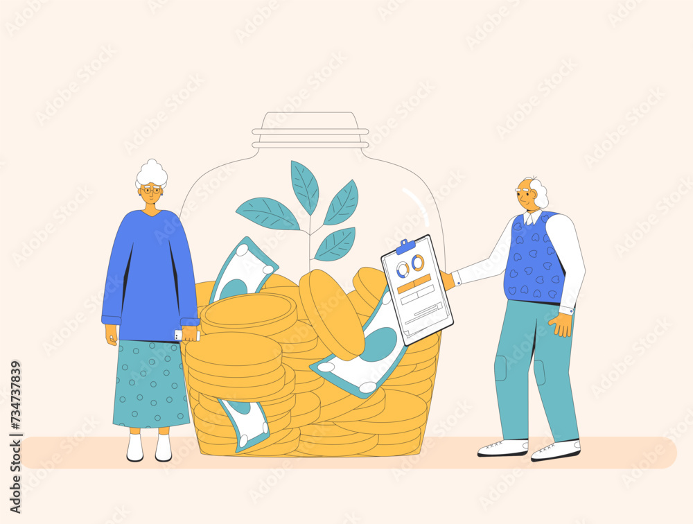 Senior couple with money. Retirement savings. Finance for elderly people. Pension plan. Moneybox for family. Older adult with investment. Financial literacy for senior. Vector flat illustration Senior couple with money. Retirement savings. Finance for elderly people. Pension plan. Moneybox for family. Older adult with investment. Financial literacy for senior. Vector flat illustration