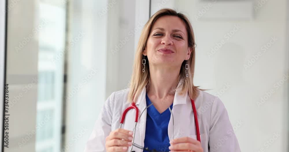 Blonde doctor smiles removing glasses posing for camera