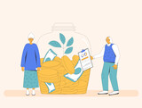 Senior couple with money. Retirement savings. Finance for elderly people. Pension plan. Moneybox for family. Older adult with investment. Financial literacy for senior. Vector flat illustration