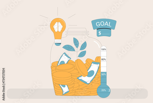 Financial achievement goal progress concept. Fundraising event. Thermometer, idea and moneybox.