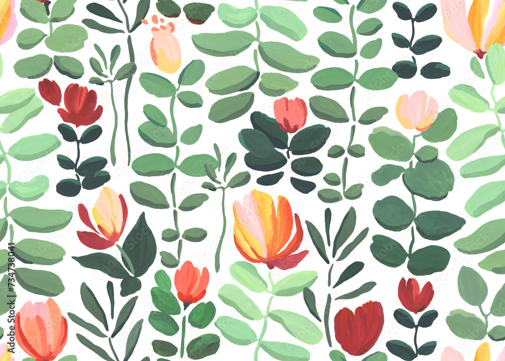 Gouache, floral seamless pattern of green abstract plants with colorful abstract flowers. Isolated illustration with hand drawn design elements for textile, wallpapers or background, drawing print. Gouache, floral seamless pattern of green abstract plants with colorful abstract flowers. Isolated illustration with hand drawn design elements for textile, wallpapers or background, drawing print.