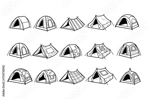 Camping tents vector outline sketch illustration set