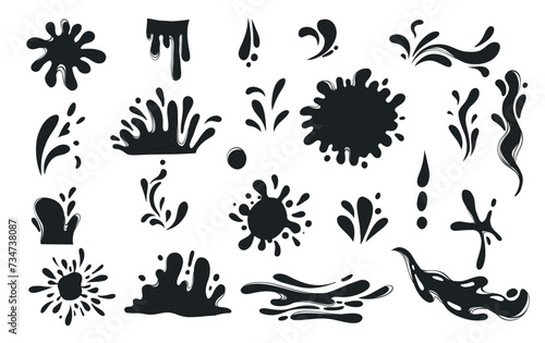 Black water splashes. Abstract wet splatter drops for tattoo design, river wave ripple stain splash simple marine environment doodle. Vector isolated set. Different dirt or ink shape