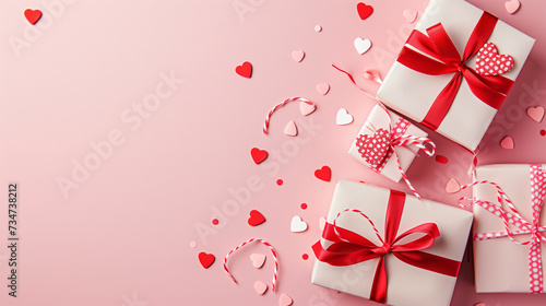 valentines greeting card with hearts and gifts on pink background