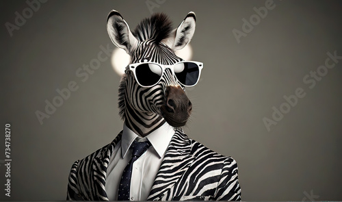 Cool looking zebra wearing funky fashion dress - jacket  tie  sunglasses  plain colour background  stylish animal posing as supermodel