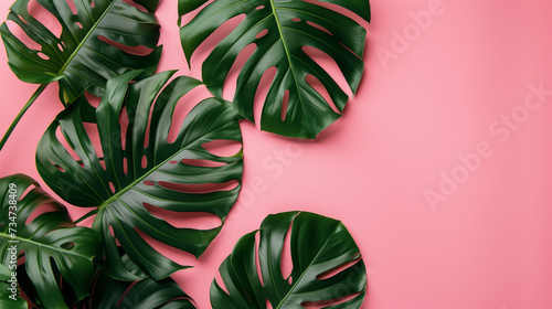 Tropical leaves Monstera on pink background. Flat lay, top view