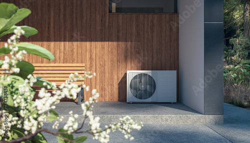 Air heat pump installed at a modern sustainable home - 3D visualisation