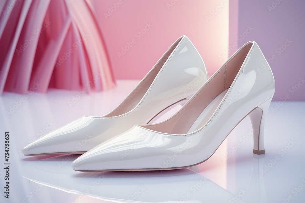 Elegant white high heels on a glossy reflective surface. Elegant white high heels on a glossy reflective surface.