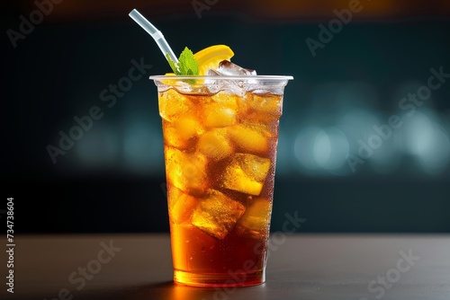 Refreshing iced tea with lemon slice and mint in a takeaway cup.