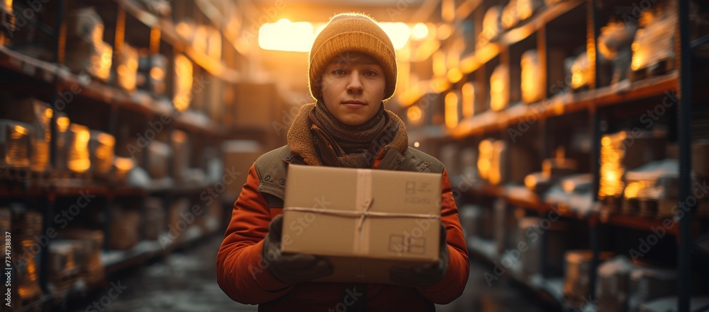 Warehouse worker holding a package, golden hour lighting. Warehouse worker holding a package, golden hour lighting.