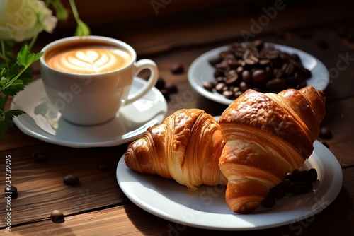 Morning coffee with croissants on wooden background, breakfast setting.