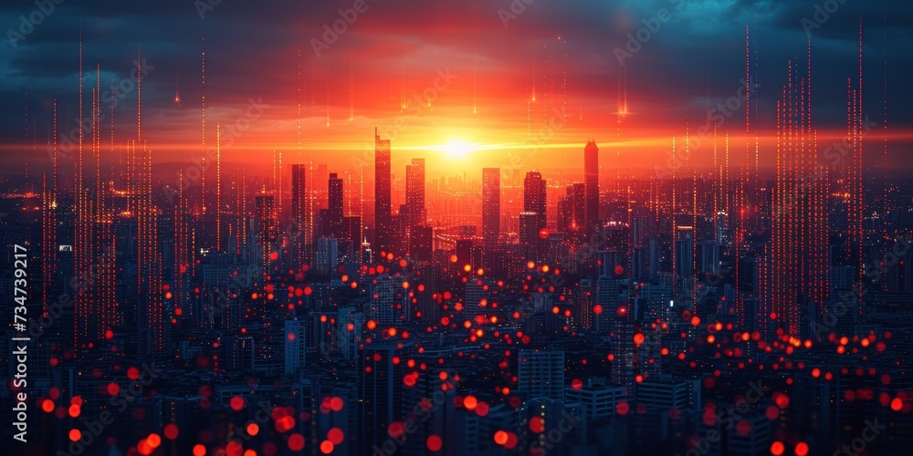 Red digital cityscape with dynamic financial data visualization, sunset.