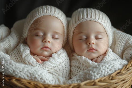 Sleeping newborn twins in a basket, wrapped in white blankets