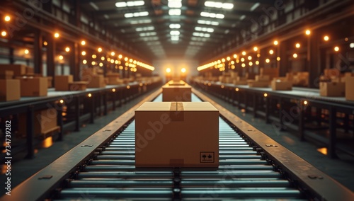 Cardboard boxes on a conveyor belt in a modern warehouse.