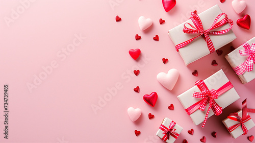 valentines greeting card with hearts and gifts on pink background