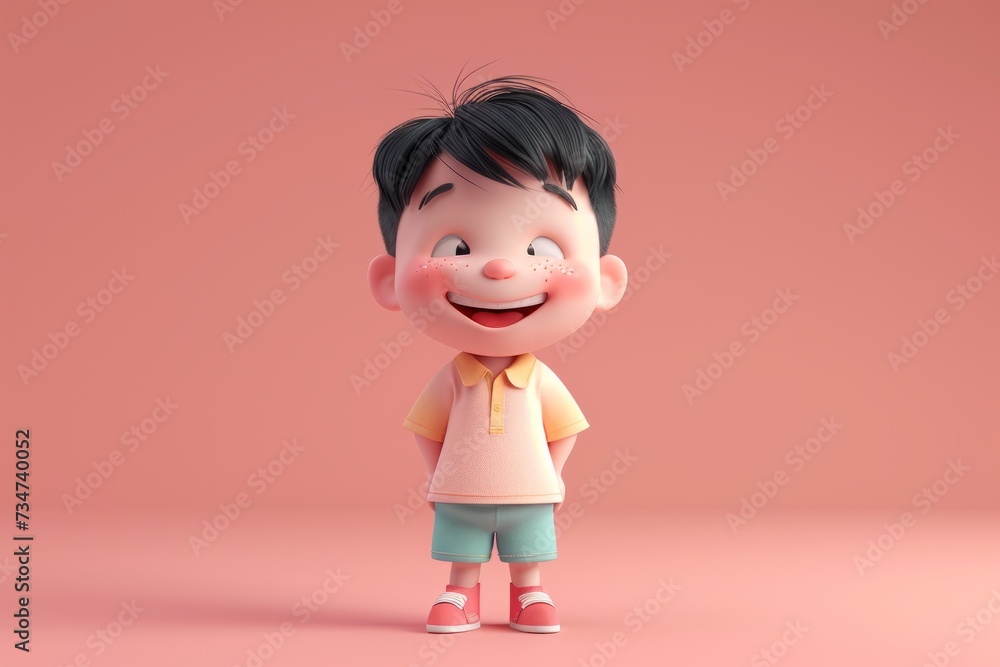 cheerful cartoon boy standing with a big smile on a plain pink background. cheerful cartoon boy standing with a big smile on a plain pink background.